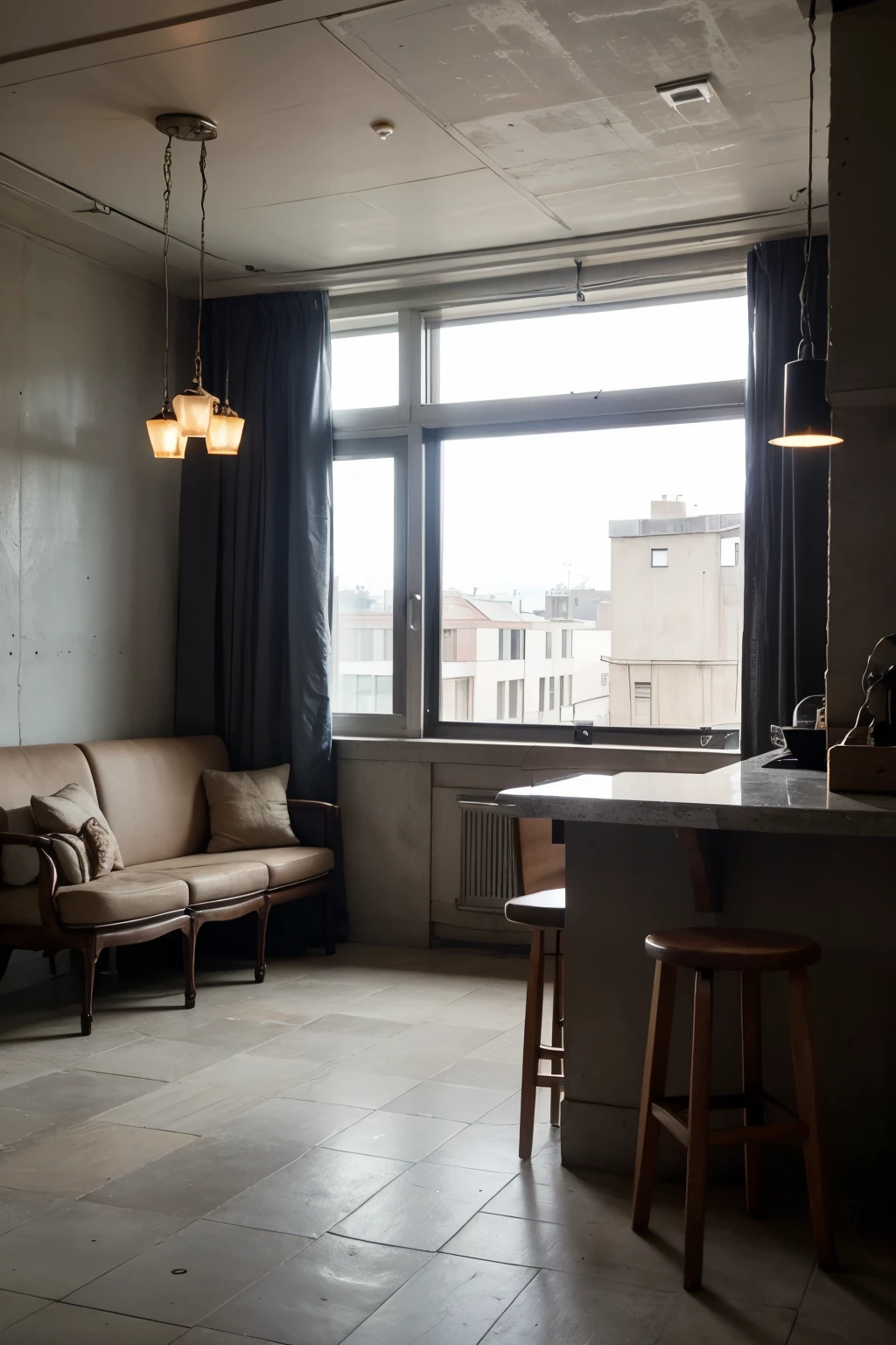 we need a render of an interior of a hall of a hotel. The concept is inspired by the bar speakeasy, so mysterious and exclusive. the building is made of concrete with a big window on the side. It needs to be welcoming, light and modern with some iconic furniture