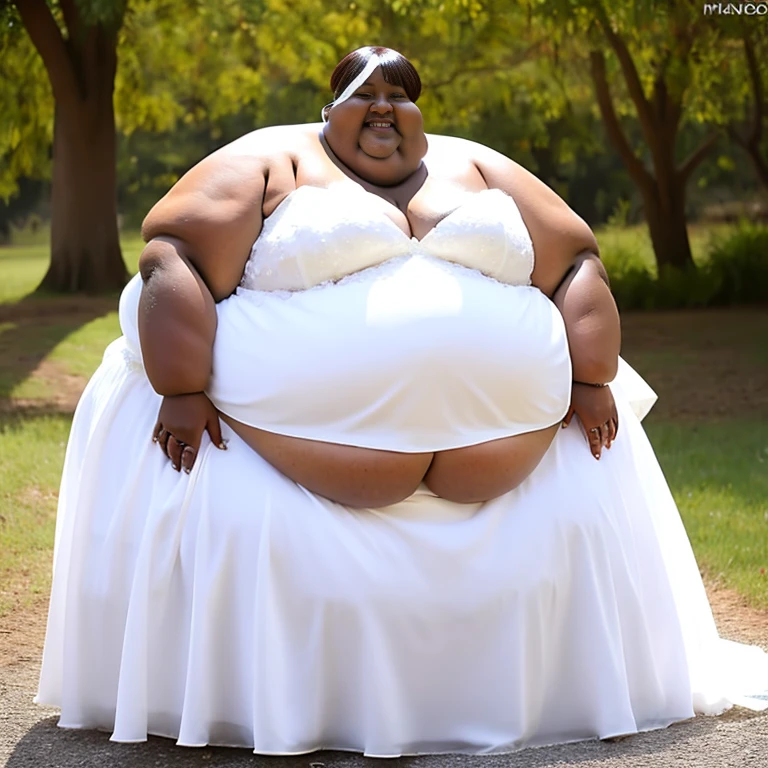 sbbw solo extremely morbidly obese Burundianwoman full body alone wearing a white wedding dress