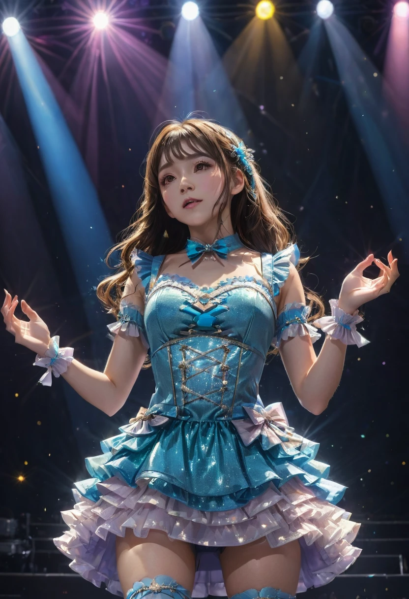 Idol Stage, idol dress, aesthetic, extremely detailed, masterpiece, best quality, Tyndall effect, light beams, stage lights, 1girl, solo, long hair, thighhighs, on stage, looking up, light scattering, volumetric lighting, spotlights, rays, atmosphere, octane render, 8k