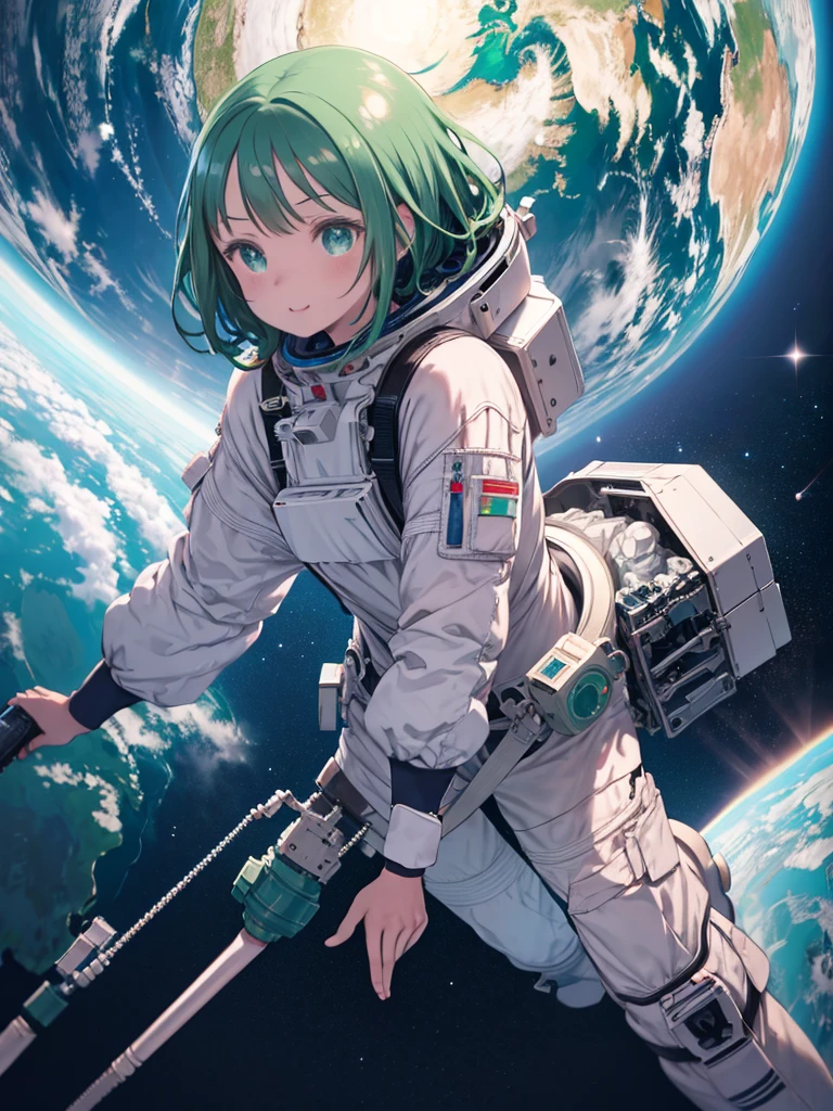 masterpiece、highest quality、High resolution、Very detailed、Beautiful eyeedium wide shot、Girl、Emerald green eyes、Sparkling eyes、astronaut、Spacewalk、Wearing a space suit、laughing、Looking Down on the Earth、grow、Angle from behind、