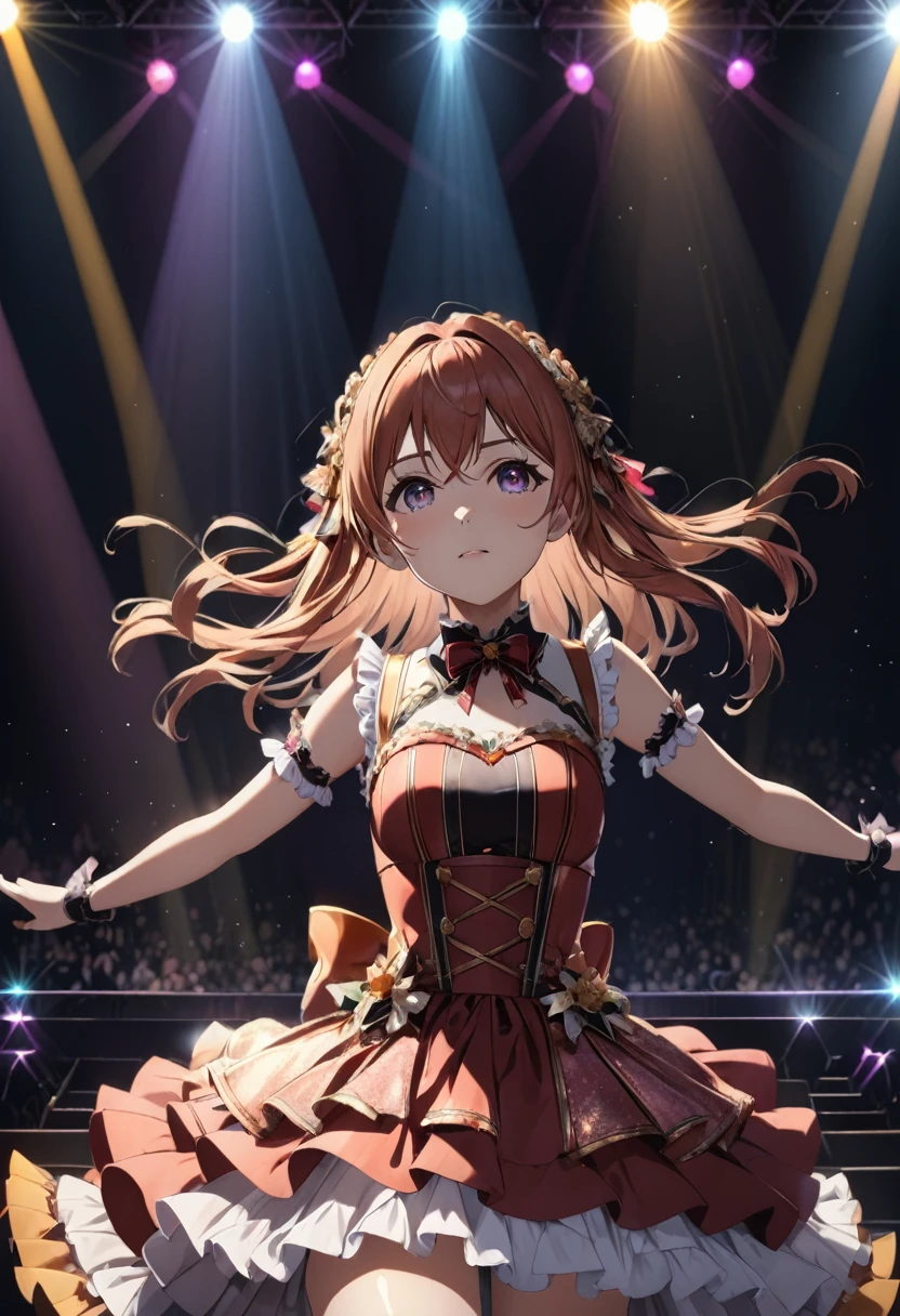 Idol Stage, idol dress, aesthetic, extremely detailed, masterpiece, best quality, Tyndall effect, light beams, stage lights, 1girl, solo, long hair, thighhighs, on stage, looking up, light scattering, volumetric lighting, spotlights, rays, atmosphere, octane render, 8k