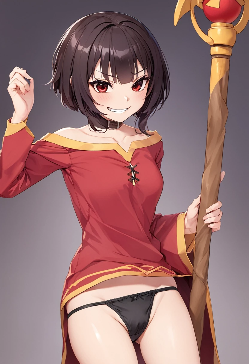 Megumin, red eyes, , normal hands, short hair, leg wrappings, dark hair, short hair, red clothes, staff, black panties, smug, antomically correct, high quality. panties pulled to side, exposed vagina