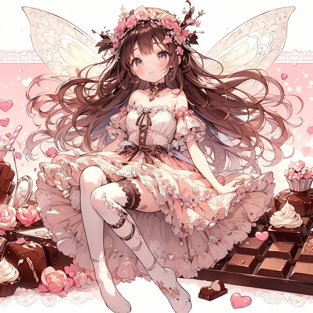 (Exquisite, beautiful, Very detailed, masterpiece, High resolution,high quality,High resolution),(Well-formed face,Soft and thin lines: 1.2, beautiful, Delicate and vivid illustrations with a mature and clear feel) , There is a delicious chocolate on a pink heart background and she is smiling happily and joyfully,A fairy with beautiful fairy wings growing from her back, a chocolate motif, a corset with lace, frills and ribbons, a deep brown base with white and black tones, a frilly dress with an open neckline and knee-high socks.,She is wearing a chocolate tiara, necklace, earrings, bracelets, and long leather boots.,(In the background there is delicious looking melted milk chocolate and a large amount of chocolate cake, chocolate truffles, chocolate bars and chocolate cookies.),(A fair-skinned, short-browed, pale pink cheeks, plump pink lips, beautiful eyes, and a rather large, fluffy bust. A good-looking fairy.),Vivid colors, striking colors and dynamic angles,Dream Cute,