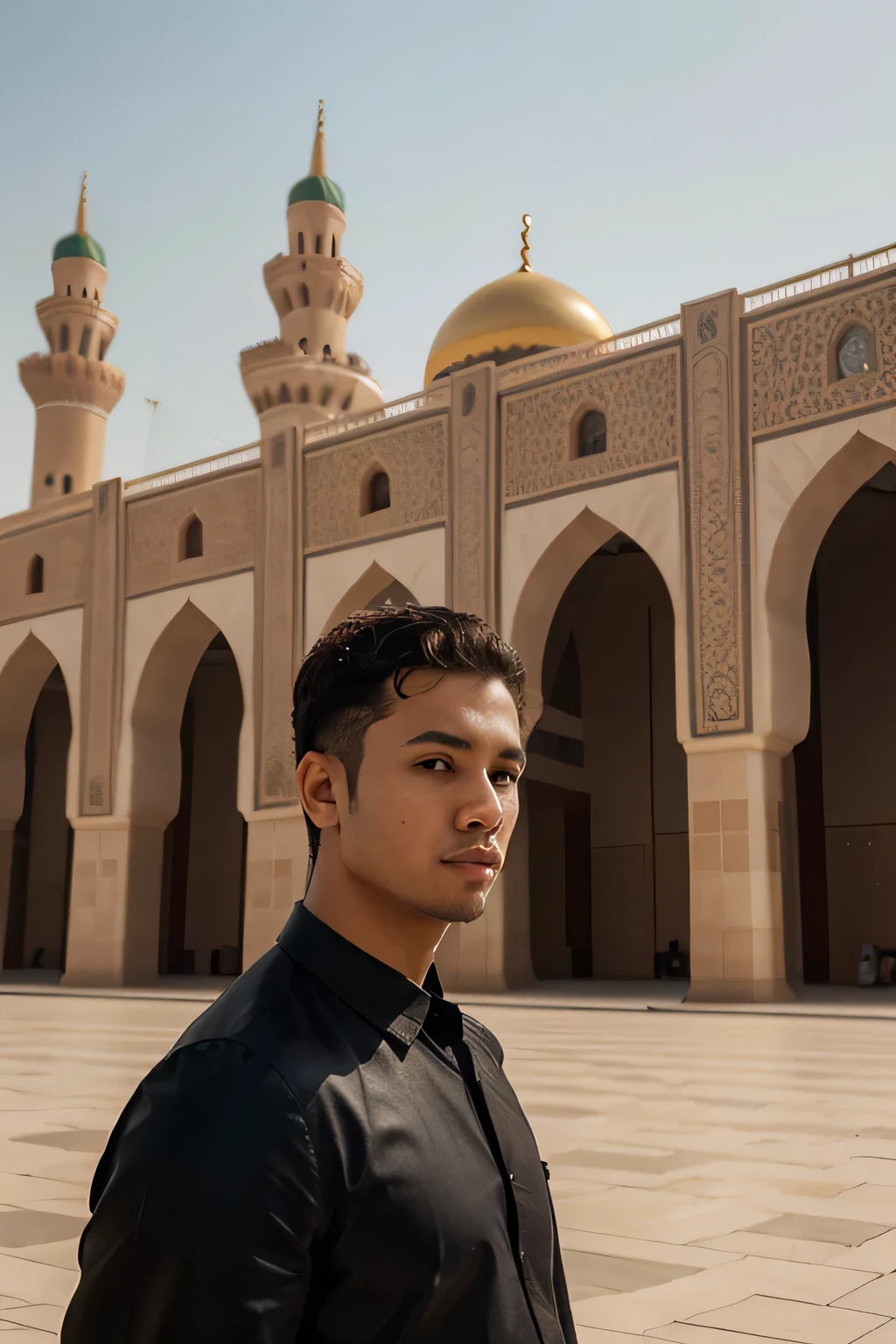 Photorealsitic, 8k full-length portraits, a Male with short hair big forehead, curly, aerfront view, 25 years old, Saudicty, Mosque, Saudi Arabia in the background, Madinah background, in a long distance photo, photo profile style, short hair man, Malaysian man