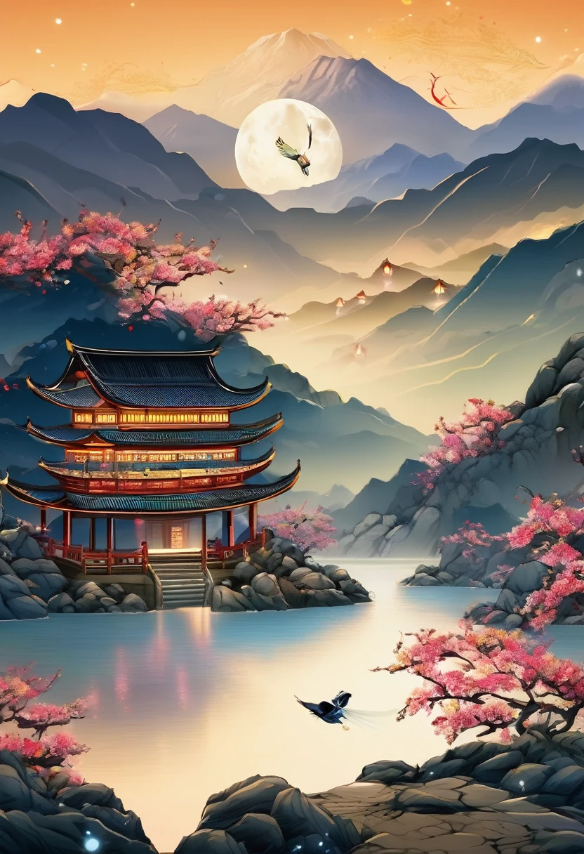 ancient chinese landscape, ((hot spring)), (heavy snow), (fire Fly), (Paper Kite), (Midnight), (moon), Shrine at the top of the mountain, ((flower)), Beautiful views, Realistic lighting, masterpiece, high quality, Beautiful graphics, Attention to detail,