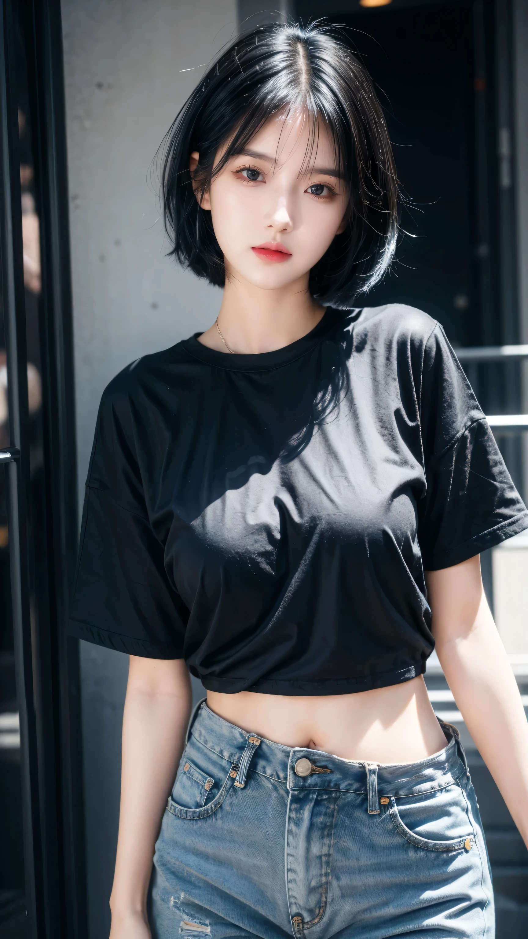 best quality, 1 Girl, dark blue hair, black eyes, Very short hair, Spiky hair, oversize t-shirt black, High waist jeans, 171 cm, Messy hair, Hair between the eyes, Medium breasts, full, Tomboy, aldult, 20 years old, 1 Girl
