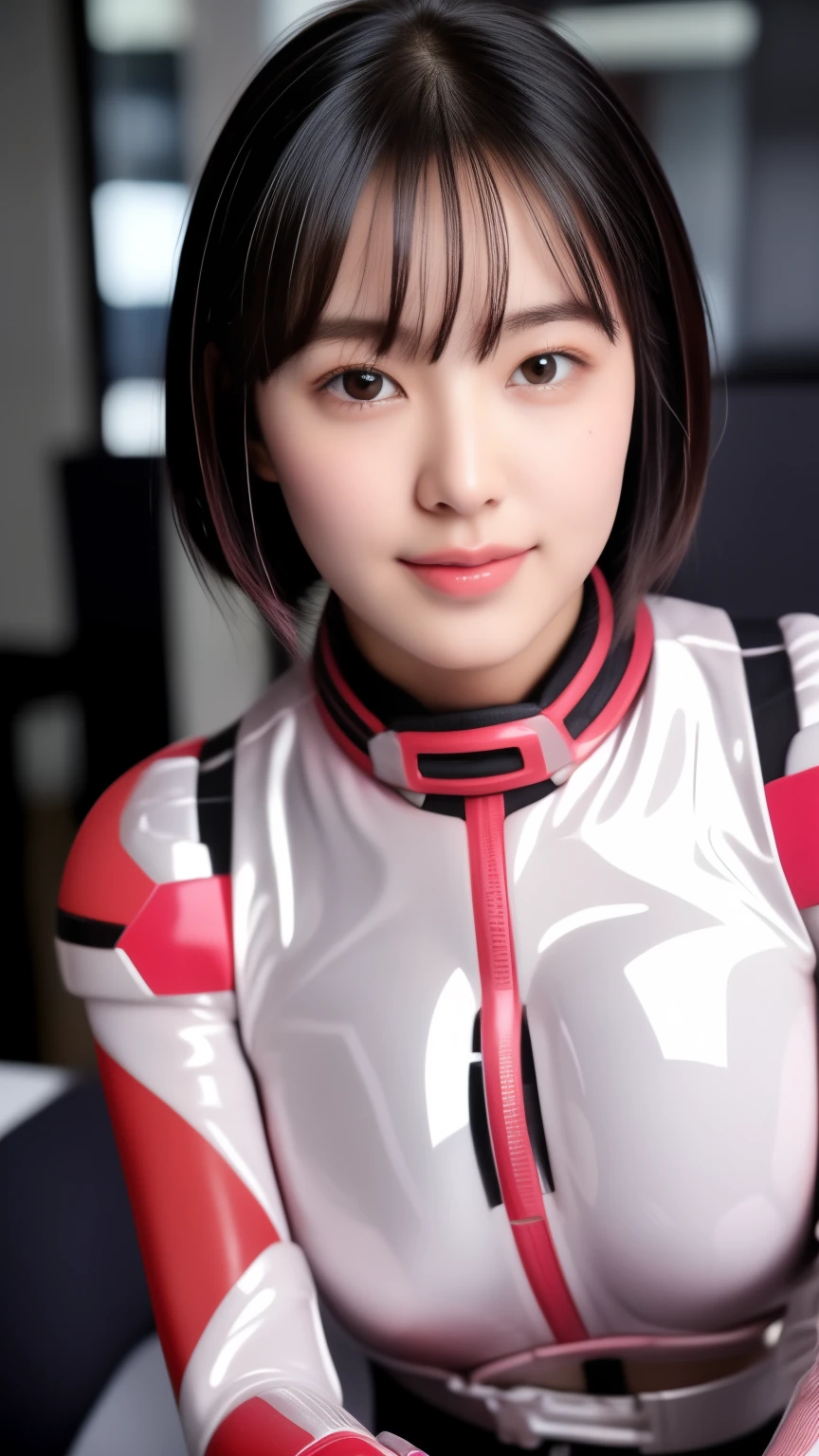 A 25 year old woman wearing a sexy dark pink and white glossy skin-tight hero suit:1.5, highest quality, High resolution, 8k, One girl, Huge breasts :1.5, (bangs,Black Hair,Medium Hair), desk work, PC, Shiny skin, View your viewers, smile