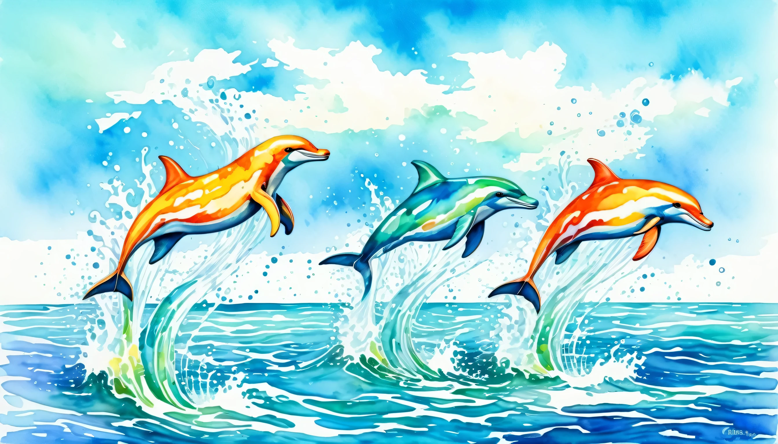 dolphins jumping out of the water, in motion, ocean, outdoors,  horizon, splashing, modern art, painting, drawing, watercolor, psychedelic colors