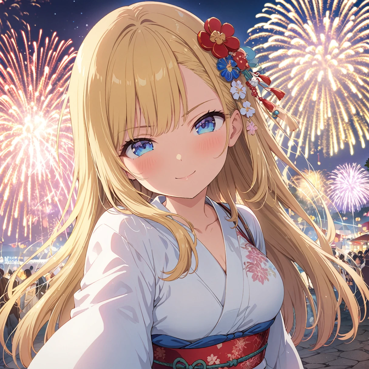 (Masterpiece: 1.2), (Very detailed: 1.2), (Very detailed CG: 1.2), (High quality: 1.2), (Top quality), 8K, Anime illustration, Perfect lighting, Fireworks, Festival, Japan, (Sassy-looking girl with slanted eyes), (Blonde: 1, Semi-long hair, Blue eyes: 1.2), (White yukata), (Selfie), Cute, ((Innocent smile)), Hair ornament, (Fireworks in the background) selfie), ((one girl))