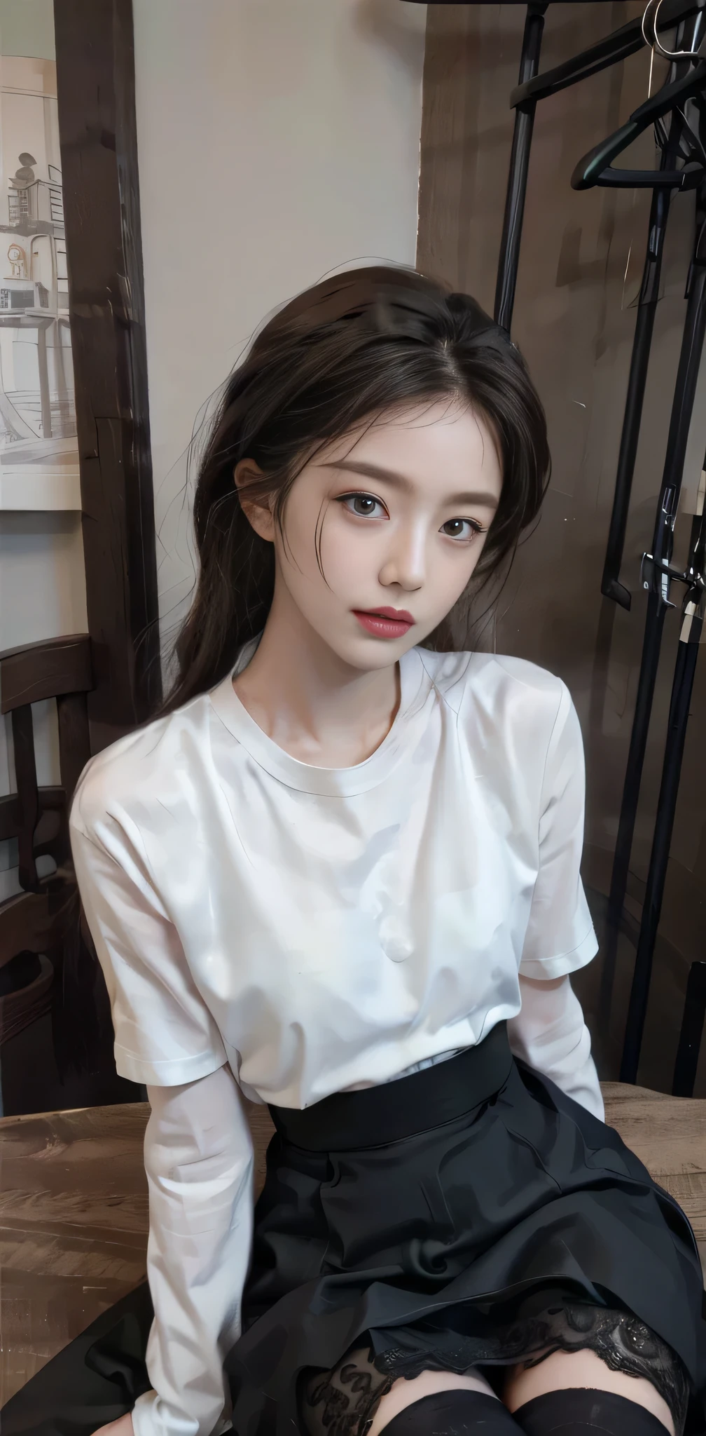 RAW photo, bokeh, (Lifelike face), smiled slightly, Top image quality, High resolution, best quality, 8k, HDR, (photorealistic:1.6), (1girl:1.4), brown and curly and messy hair, very detailed face, beautiful eyes, [chubby], adorable, full body portrait, Close-up, sharp outline, romantic, Korean stylish, fashion, stylish costume, uniform, tight lace t-shirt, high waist skirt, Knee high stockings, (spread legs:1.27), delicate face, brown hair fluttering in the wind, 25-year-old girl, slim figure, small bust, sexy, plump breasts, open chest, bra, charisma, glamorous, standing tall.