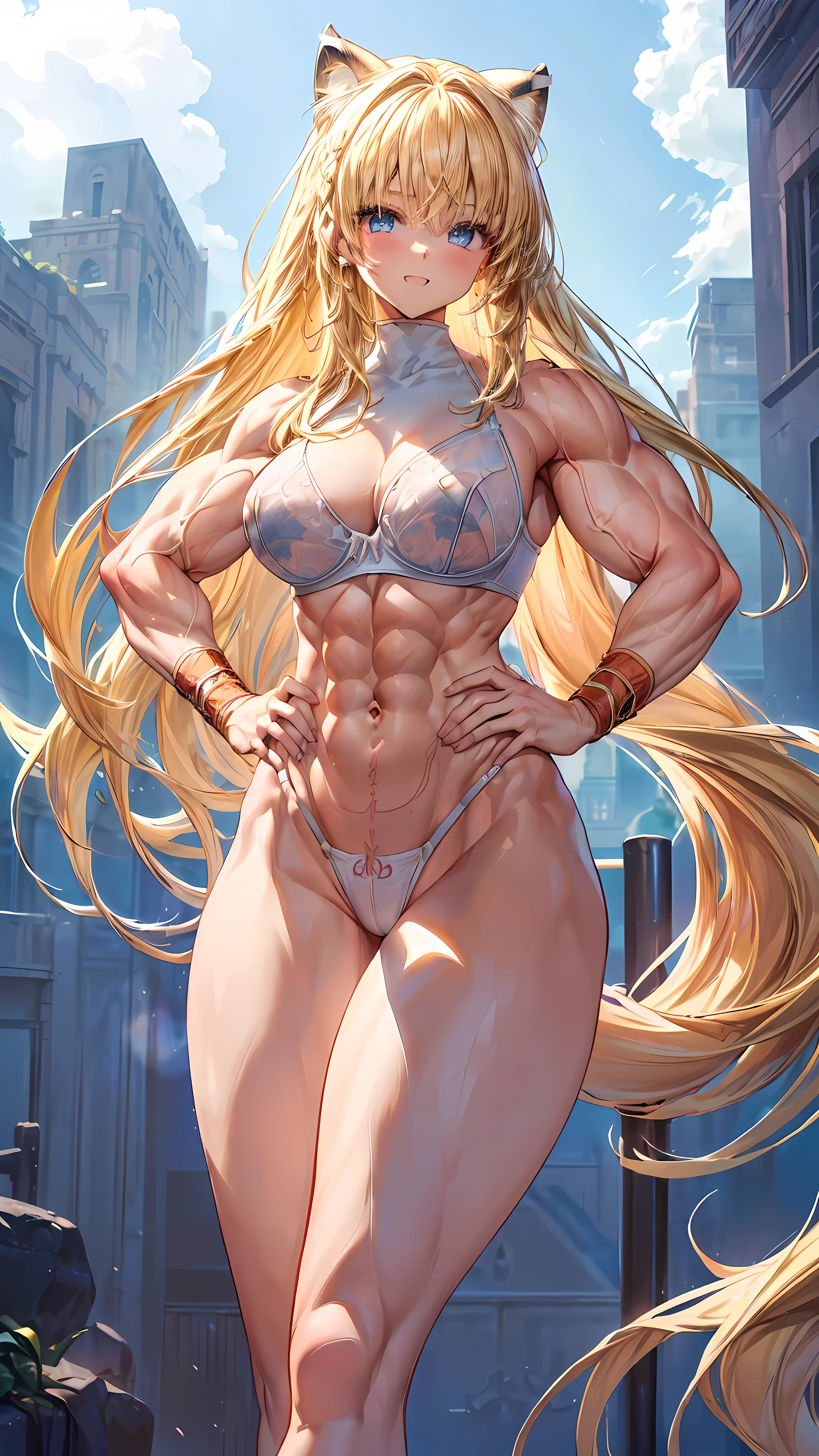 Very detailed、highest quality、Best image quality、masterpiece、8k、Anime Face、A kind smile、(Open your mouth:1.3)、Sparkling blue eyes、(Blonde semi-long hair:1.5)、(Muscles of the whole body:1.3)、(highleg:2.0)、Thigh belt、(Cowboy Shot:1.5)、(SFW Giant)、(Thick body:1.2)、(bra:1.5)、(sxspnts)、(Hands on hips:1.1)