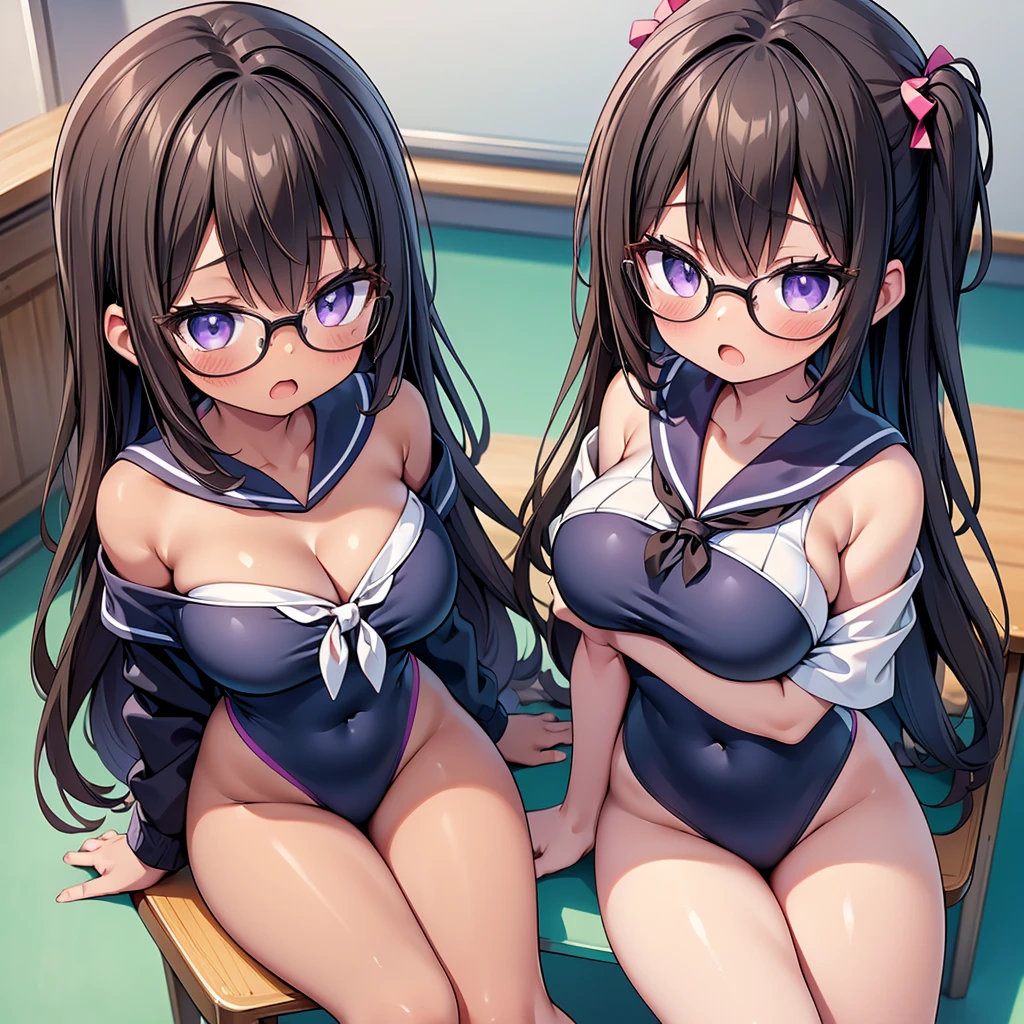 (cute eyes:1.2), (sparkling eyes:1.2), (8K、Best image quality、highest quality、masterpiece)、Detailed face、(2 girls, (Brown Skin:1.3))、Improve、(Black Hair, Purple Eyes, Glasses, long hair)、(open mouth), (embarrassed), (skinny body:1.3),(huge breast), (off shoulder sailor swimsuit:1.2), (legs up:1.2), (cleavage), (crop top navel), Sit on a chair, Classroom Background, (black stockings:1.1), (Thighs:1.1), (Waistline:1.1),(close-up shot of bust), (from above:1.2)