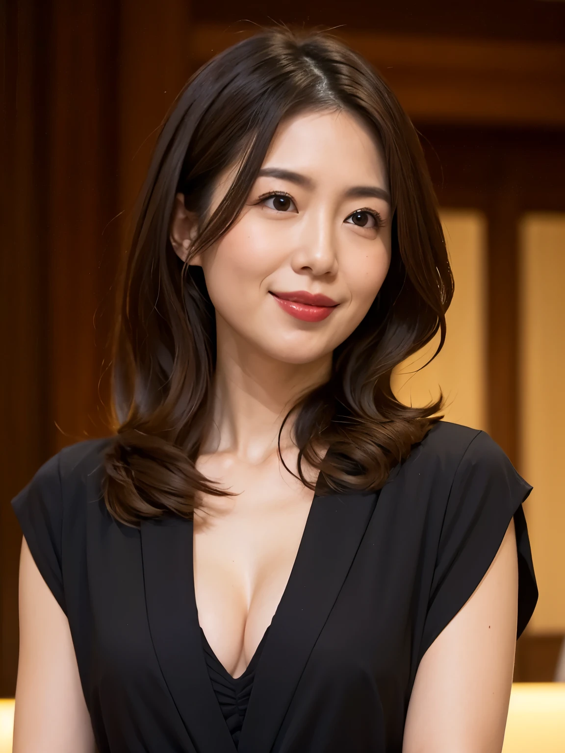 One Japanese woman, Detailed face, Red lipstick, Captivating look, From the chest up, highest quality, Very detailed, Perfect Anatomy, Wearing a black suit, Short sleeve, Long Curly Hair, Age 33, mature, Sexy smile, Well-shaped D cup breasts, Hunchback, Cleavage, office, The night view can be seen from the window, ((Looking at the camera)), ((From below))
