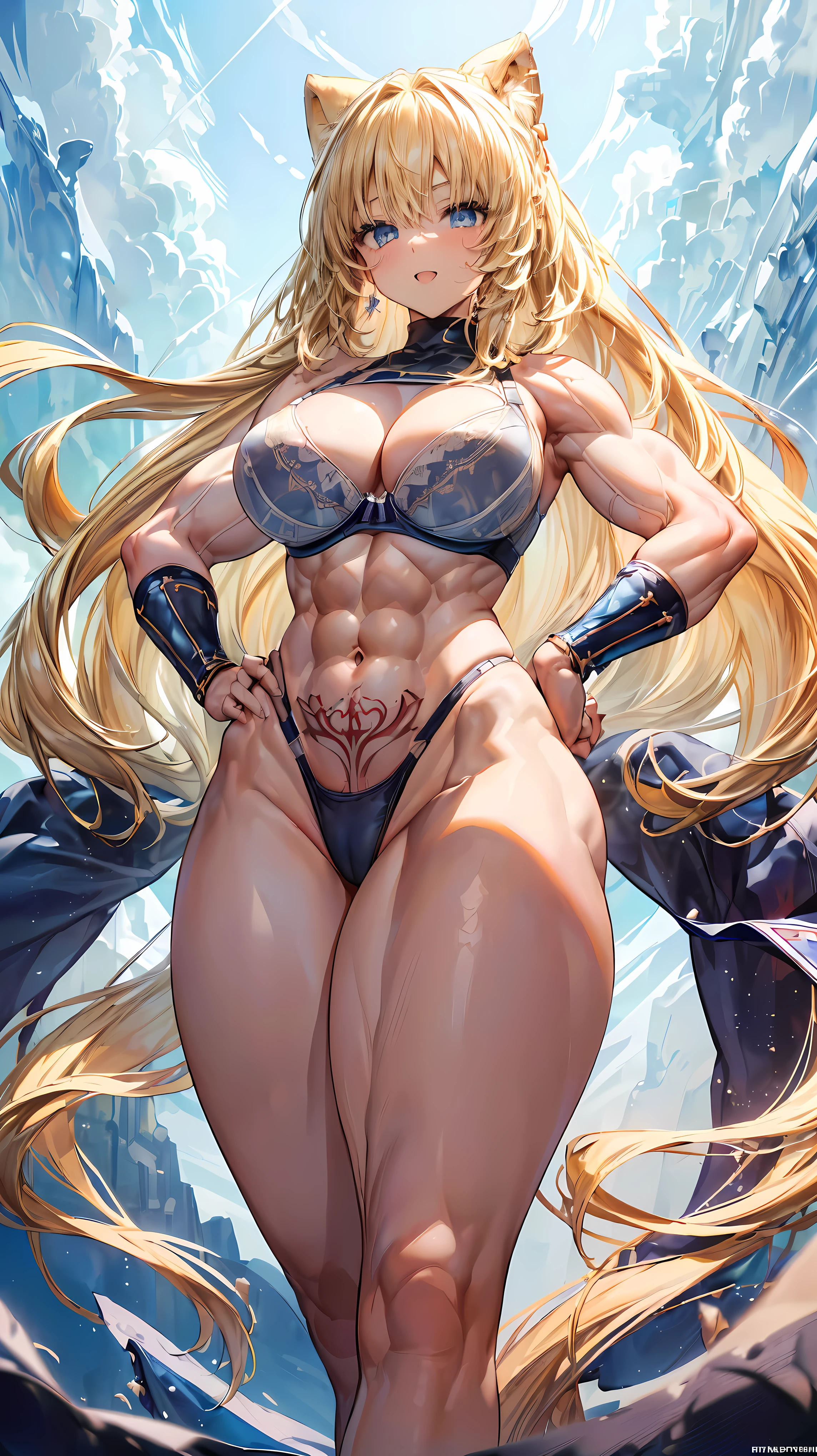 Very detailed、highest quality、Best image quality、masterpiece、8k、Anime Face、A kind smile、(Open your mouth:1.3)、Sparkling blue eyes、(Blonde semi-long hair:1.5)、(Muscles of the whole body:1.3)、(highleg:2.0)、Thigh belt、(Cowboy Shot:1.5)、(SFW Giant)、(Thick body:1.2)、(bra:1.5)、(sxspnts)、(Hands on hips:1.1)