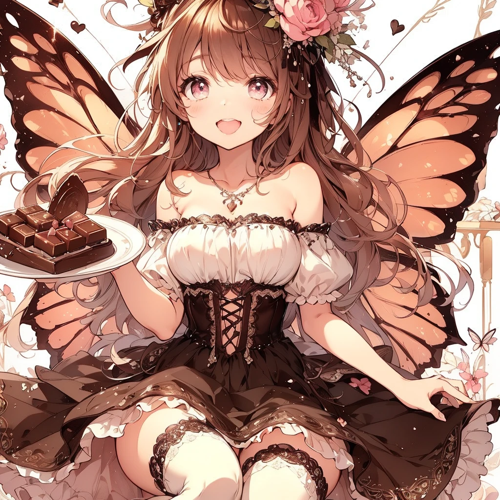 (Exquisite, beautiful, Very detailed, masterpiece, High resolution,high quality,High resolution),(Well-formed face,Soft and thin lines: 1.2, beautiful, Delicate and vivid illustrations with a mature and clear feel) , There is a delicious chocolate on a pink heart background and she is smiling happily and joyfully,A fairy with beautiful fairy wings growing from her back, a chocolate motif, a corset with lace, frills and ribbons, a deep brown base with white and black tones, a frilly dress with an open neckline and knee-high socks.,She is wearing a chocolate tiara, necklace, earrings, bracelets, and long leather boots.,(In the background there is delicious looking melted milk chocolate and a large amount of chocolate cake, chocolate truffles, chocolate bars and chocolate cookies.),(A fair-skinned, short-browed, pale pink cheeks, plump pink lips, beautiful eyes, and a rather large, fluffy bust. A good-looking fairy.),Vivid colors, striking colors and dynamic angles,Dream Cute,