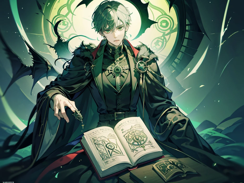 book title = The necromancer. author = Sam Anderson. Necromancer, runes, mage symbols, and sigils on the cover. green hue