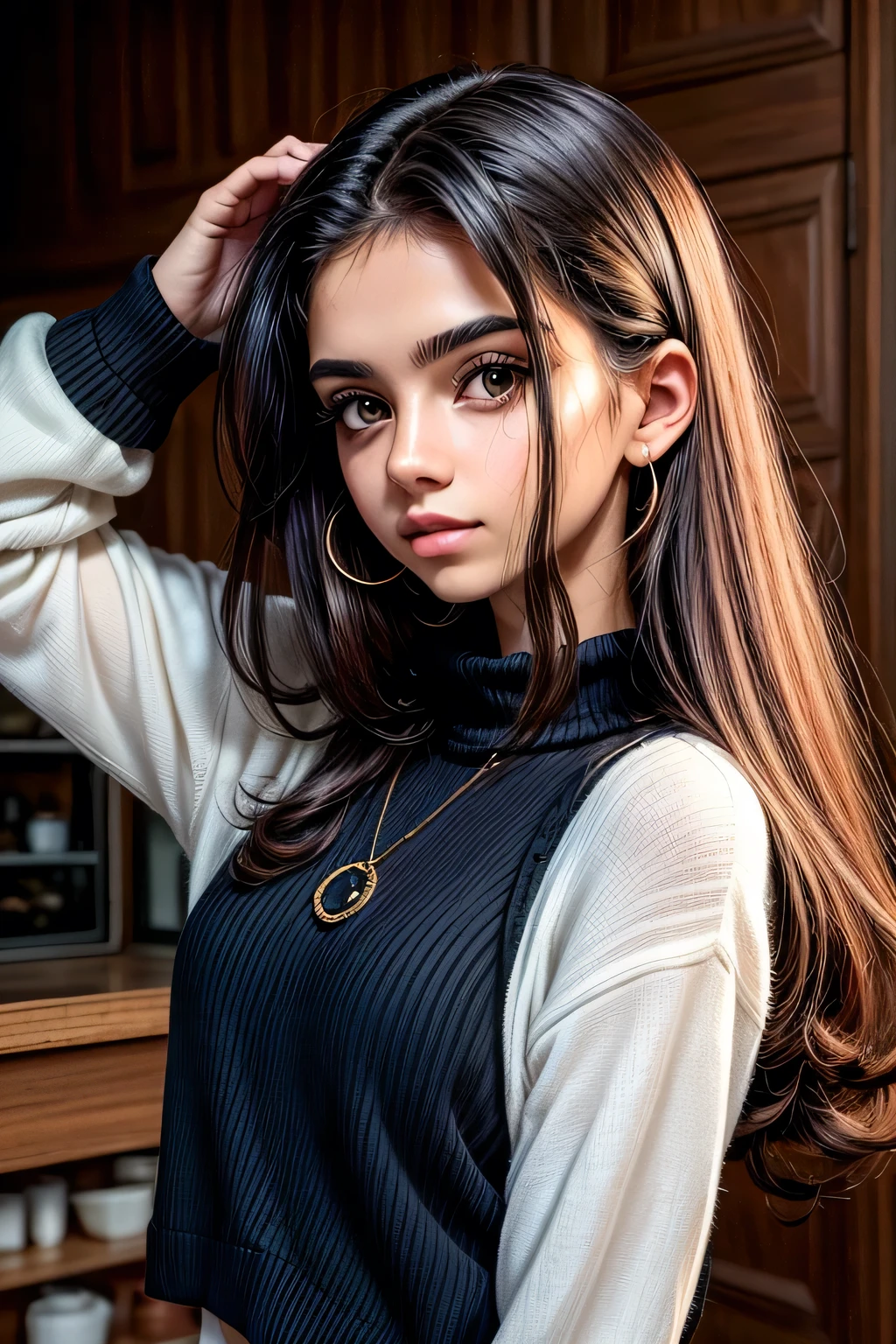 1 garota em, 19 anos, Sozinho, Cabelo longo, Colossal , olhando para o espectador, cabelo loiro, Ombros nus, olhos castanhos, joia, corpo todo, um colar, fora dos ombros, Sweaters, realista, Uma sexy