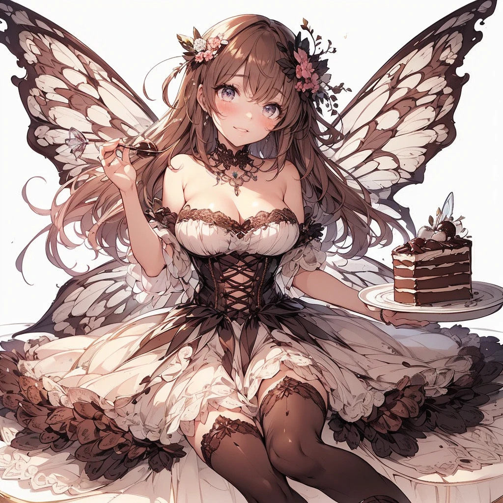 (Exquisite, beautiful, Very detailed, masterpiece, High resolution,high quality,High resolution),(Well-formed face,Soft and thin lines: 1.2, beautiful, Delicate and vivid illustrations with a mature and clear feel) , There is a delicious chocolate on a pink heart background and she is smiling happily and joyfully,A fairy with beautiful fairy wings growing from her back, a chocolate motif, a corset with lace, frills and ribbons, a deep brown base with white and black tones, a frilly dress with an open neckline and knee-high socks.,She is wearing a chocolate tiara, necklace, earrings, bracelets, and long leather boots.,(In the background there is delicious looking melted milk chocolate and a large amount of chocolate cake, chocolate truffles, chocolate bars and chocolate cookies.),(A fair-skinned, short-browed, pale pink cheeks, plump pink lips, beautiful eyes, and a rather large, fluffy bust. A good-looking fairy.),Vivid colors, striking colors and dynamic angles,Dream Cute,