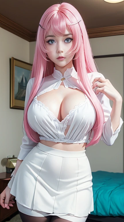 ((Top Quality、16K、​masterpiece:1.3))、a tall and beautiful woman、Perfect Figure:1.4、(dream aesthetic) Slim Abs, young natural girl (beautiful) solo, long voluminous pale-pink hair 、messy hairstyle (with hair bangs), turquoise-blue eyes, pale-white skin (highlighted, realistic shading)、natural bust、Highly detailed facial and skin texture、(A detailed eye, Symmetry Eyes, Clear realistic eyes, Double eyelidd、Cold-stricken face、Symmetrical face), very  realistic skin, goth makeup, Royal sisters full of fans、The Telegraph Esbian、peach buttocks, white shirt, black skirt, black tights, cleavage,  squart、(Raw foto:1.2)、((Photorealcitic:1.4))Top Quality、​masterpiece、Real Photography、very delicate and beautiful.、super detailed CG、Unity、8K photo wallpaper、delicate detail、best qualtiy、Highly detailed CG unity 16k wallpaper、absurderes、Incredibly Absurd、huge file size、extremely highly detailed、Hight Resolution、ighly Details、Beautiful detail girl、extremely beautiful eyes and face, cute eyes look、Facial light、cinematic lightings、(Proportional hips, thick thighs, beautiful legs, realistic pantyhose) 1girll、see -through, inside house (bedroom) 、ulzzang-6500、The Telegraph Esbian, different poses at different angles,