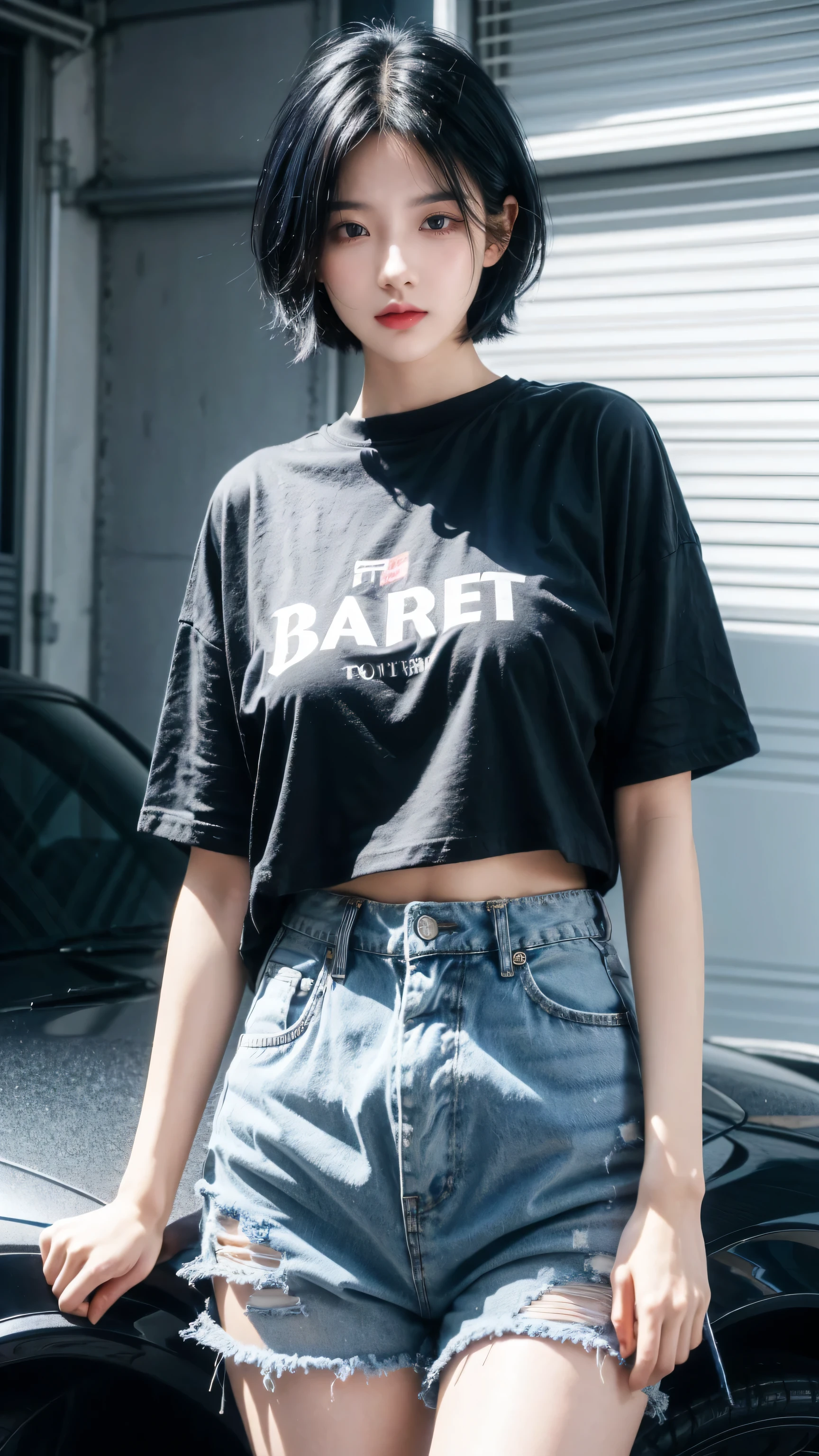 best quality, 1 Girl, dark blue hair, black eyes, Very short hair, Spiky hair, oversize t-shirt black , High waist short jeans, 171 cm, Messy hair, Hair between the eyes, Medium breasts, full, Tomboy, aldult, 20 years old, 1 Girl