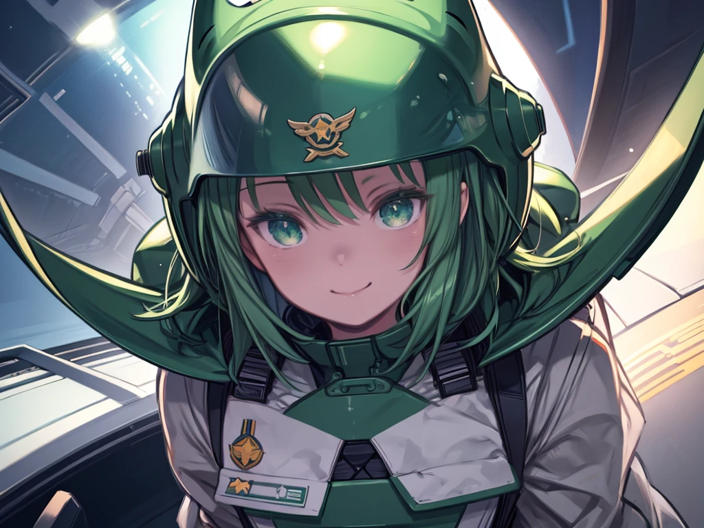 masterpiece、highest quality、High resolution、Very detailed、Beautiful eyeedium wide shot、Girl、Emerald green eyes、Sparkling eyes、Fighter pilots、Inside the cockpit、Wearing a pilot suit、Full-face helmet、Smiling、Watching the audience、