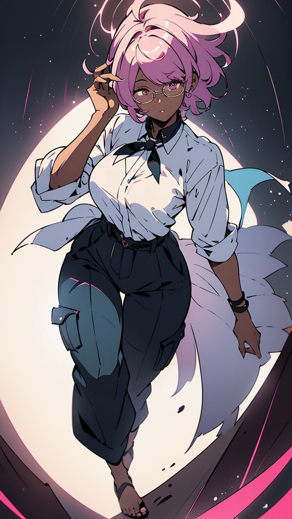 1 woman, tall, ((dark skinned woman, hair over the one eye)), white hair, pink hair, colorful hair, short hair, messy hair, dark eye, (small glasses), white big shirt, (pants), black tie, beautiful eye, cleavage, earring like a circle, Subdued lighting, dynamic pose, perfect hand, full body,((masterpiece)), (Very delicate)