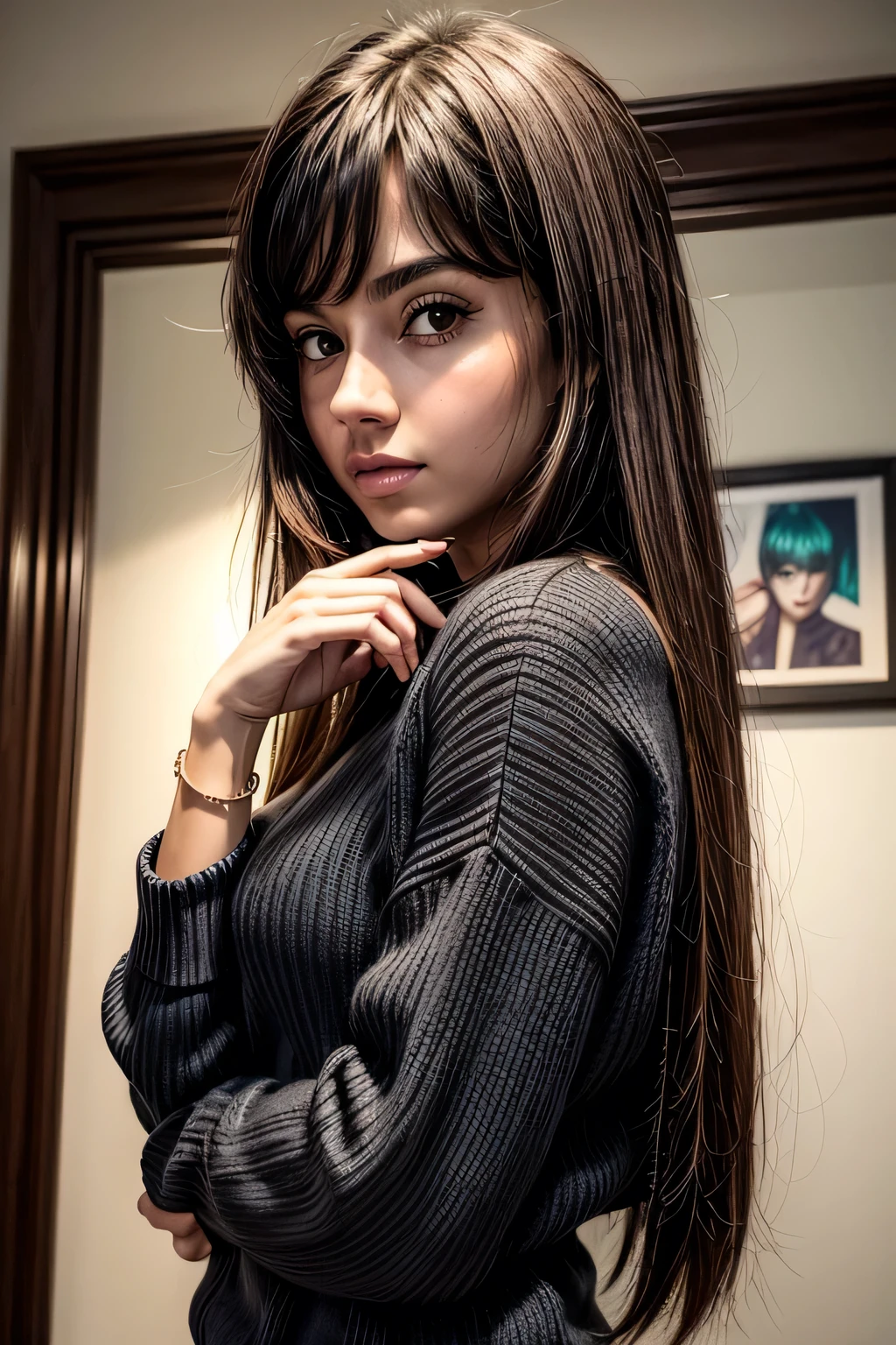 1 garota em, 19 anos, Sozinho, Cabelo longo, Colossal , olhando para o espectador, cabelo loiro, Ombros nus, olhos castanhos, joia, corpo todo, um colar, fora dos ombros, Sweaters, realista, Uma sexy