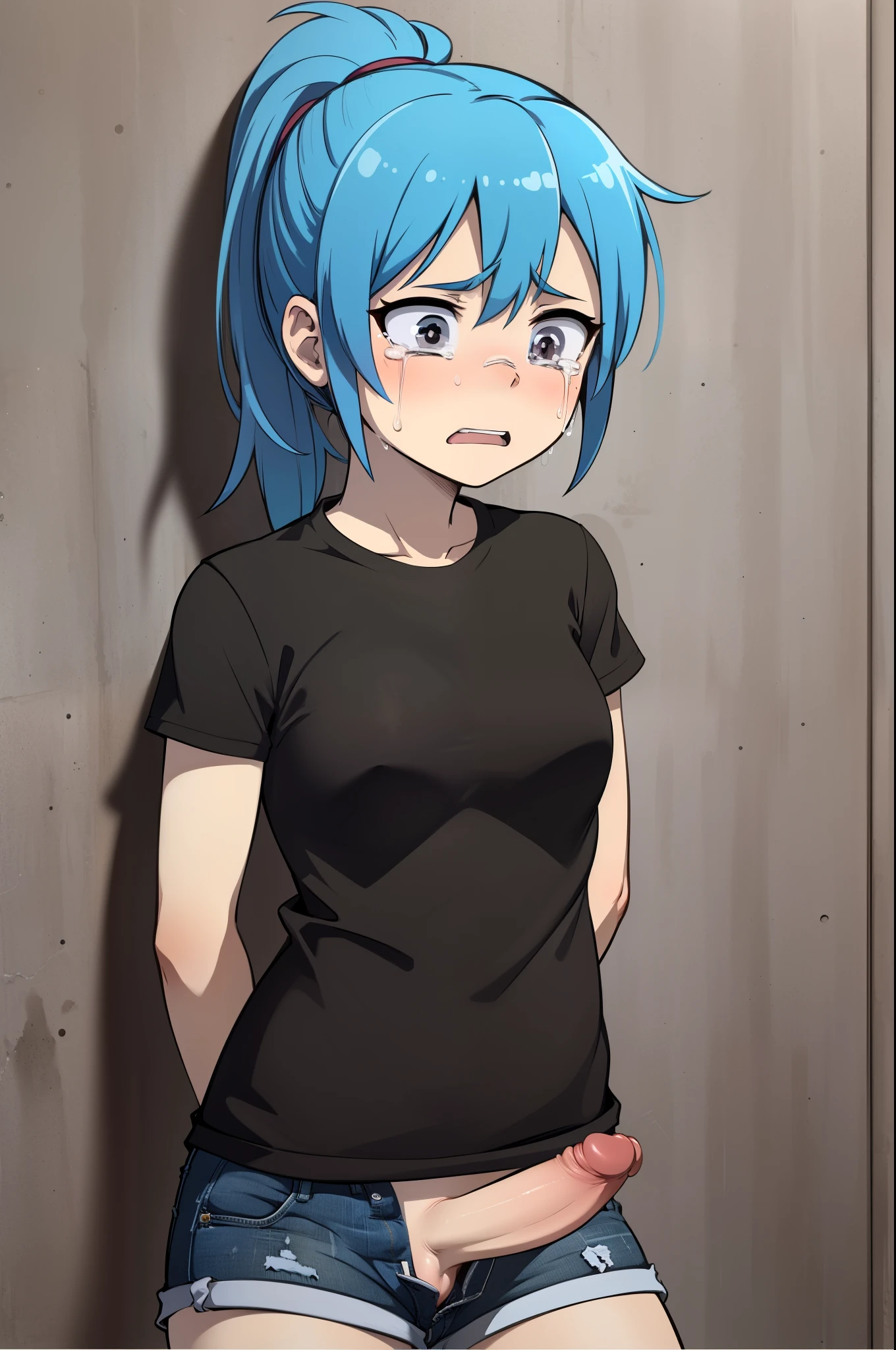 (masterpiece, best quality:1.2), (nsfw, futanari), (1girl, solo), 16years old, (upper body, portrait), Twitter-chan, (blue medium hair, ponytail), (scared expression, crying), black shirt, (unzipped denim shorts:1.1), middle penis, (arms behind back:1.2), concrete wall background