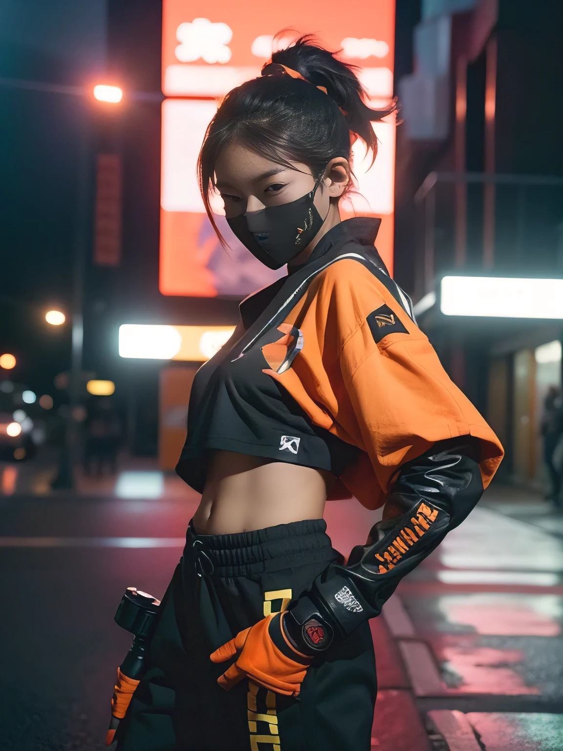 streetwear, ninja, a young woman in fighting pose, professional studio light, front and rim light, serious face, mask, nighttime, 35mm lens, establishing shot, pastel color grading, depth of field cinematography effect, 8k resolution, high quality, ultra detail, orange detail