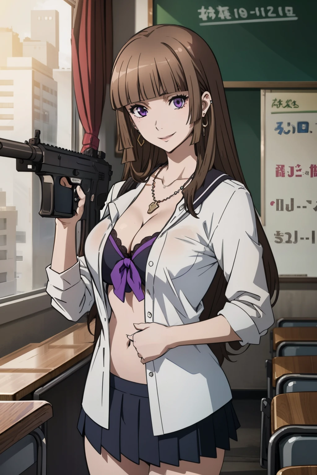 1girl, Aika (brown hair, purple eyes), blunt bangs, hime cut, long hair, masterpiece, best quality, ((unbuttoned , cleavage, necklace, earrings, sexy body,
breasts)) , micro skirt, smiling, navel , exposed belly, exposed navel,,school,
classroom , holding a gun, hold a gun,