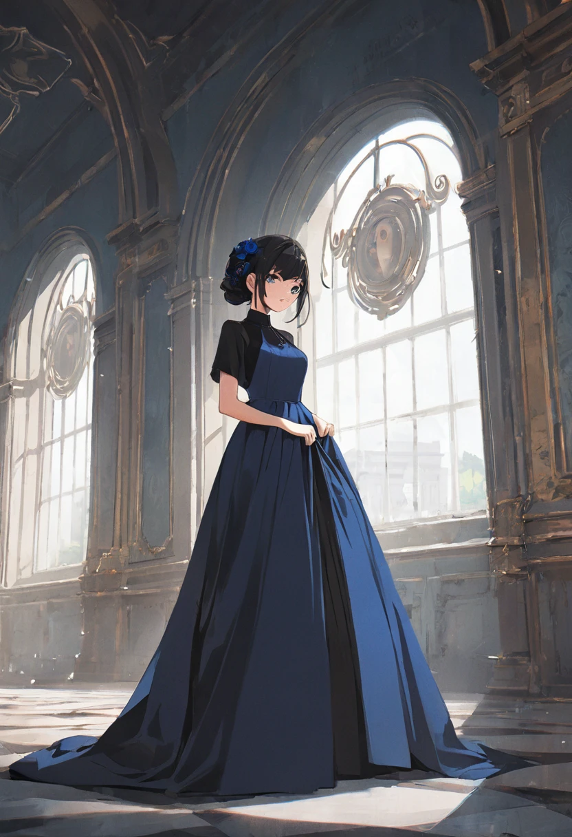 Anime girl in a blue dress standing in a large room with an arch, artstation pixivでトレンド, Gweiz-style artwork, Elegant cinematic pose, pixiv artstationのguweiz, ArtStation PixivのGuweiz, Amazing digital illustrations, Artjam and Athi Gairan, Anime girl in a black dress, Beautiful digital illustrations