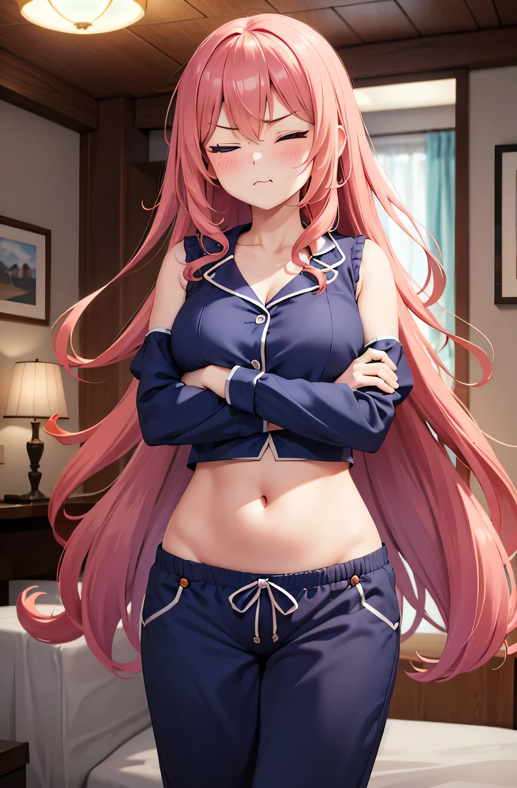 super fine illustration, vibrant colors, masterpiece, sharp focus, best quality, depth of field, cinematic lighting, ultra detailed, sleeves, crop top, pajamas, button-up, pajama pants, drawstring pants, belly button, navel, midriff, wide hips, 1 woman, home, solo, milf, very messy hair, long curly hair, slender, blush, angry, room, indoors, mature female, tall woman, puff cheek, pout, crossed arms, eyes closed