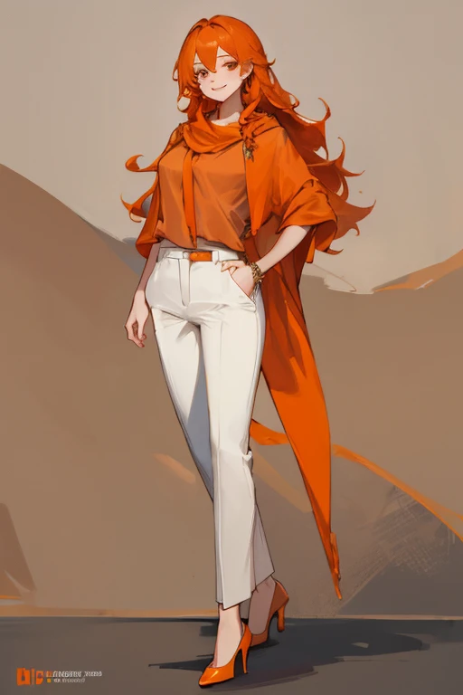 ((highest quality)), ((masterpiece)), (be familiar with),One female,Orange Hair,Medium long hair,{{nsfw}},Orange shawl,Grey Shirt,White pants,Bewitching Smile,whole body,High heels