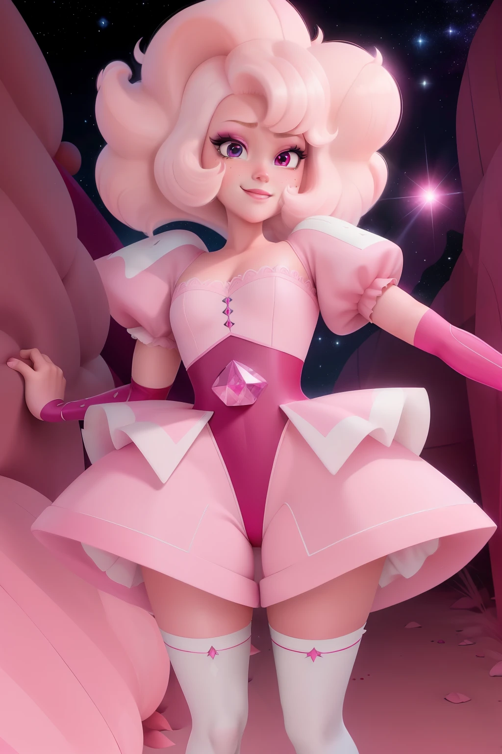 pnkdamond, pink hair, pink eyes,  big hair,  stomach gem,  pink skin,  toned, 
puffy short sleeves, elbow gloves ,  white thighhighs,   puffy dress, 
standing, upper body, 
 outerspace,  
(insanely detailed, beautiful detailed face,beautiful detailed eyes, masterpiece, best quality) cinematic lighting,  smile, 
 