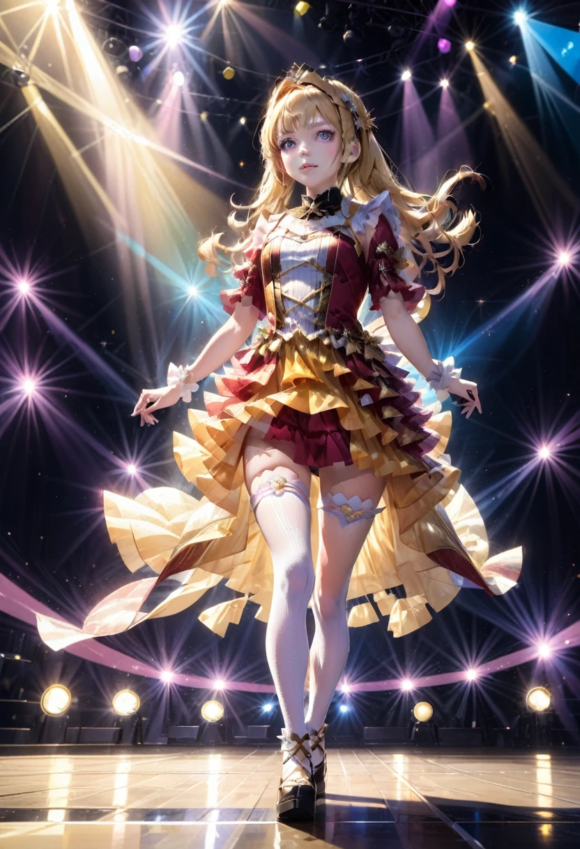 Idol Stage, idol dress, aesthetic, extremely detailed, masterpiece, best quality, Tyndall effect, light beams, stage lights, 1girl, solo, long hair, thighhighs, on stage, looking up, light scattering, volumetric lighting, spotlights, rays, atmosphere, octane render, 8k