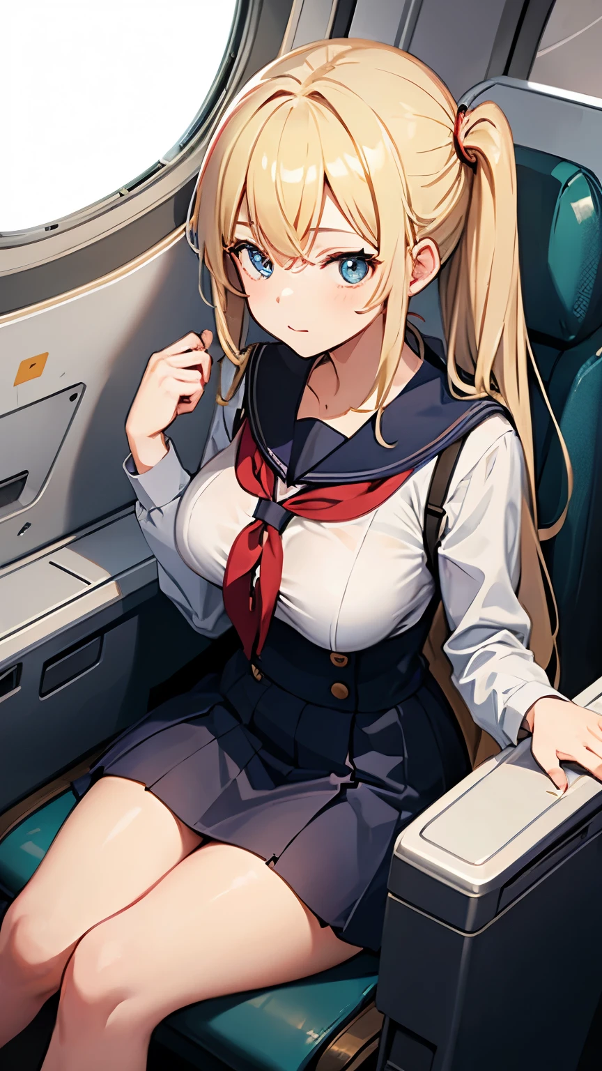 Anime girl sitting in airplane business class near porthole、Blonde、high school girl、Large Breasts
