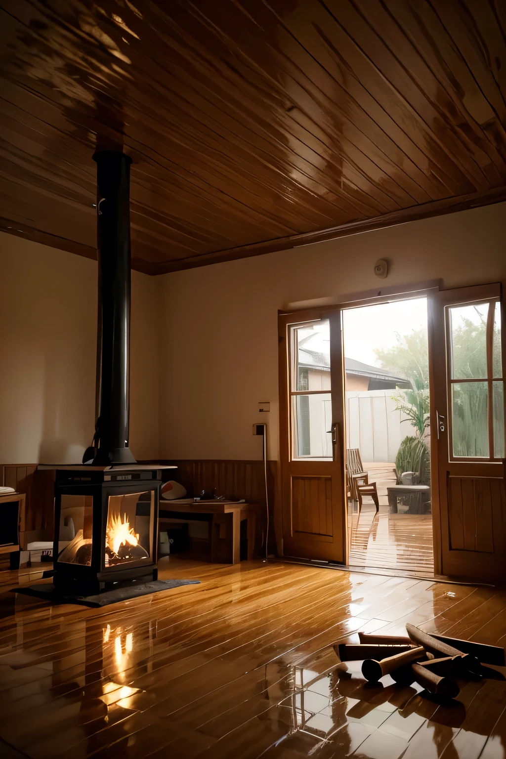 a calm image of a raining day from inside the house with a fire wood