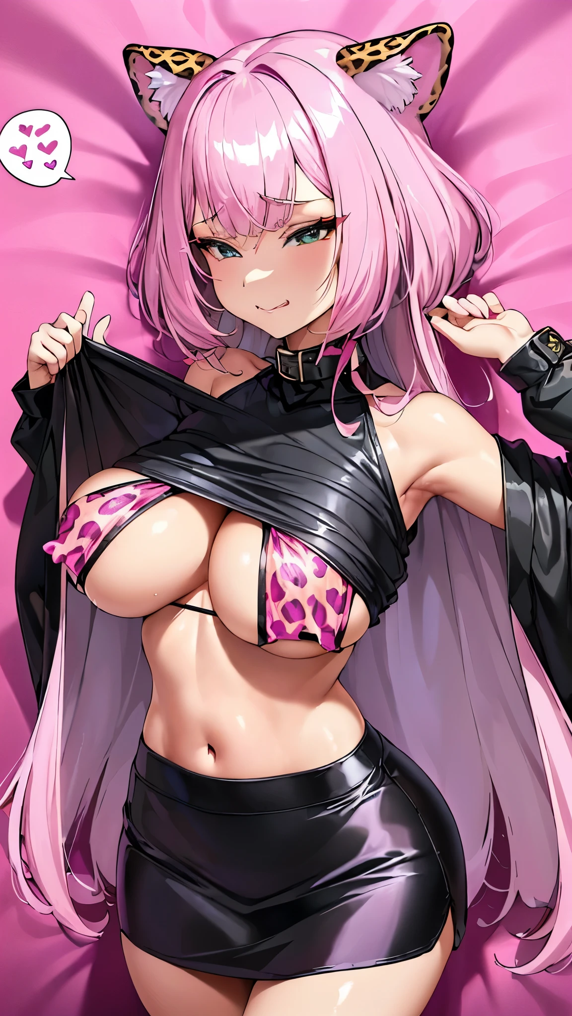 , ((( Big Breasts))), Exclamation mark, Moaning, Many Hearts,Spoken Heart, Comic Strip, lots of heart speech bubbles,(Oversized long t-shirt with bare shoulders)、Pure white hair and dark brown skin:1.5,(((Bitch、Gal、BitchGal、Underboob:1.0, Shiny Leather Mini Skirt、Pink leopard print underwear、sexy、thin、Model Body Type、skinny、Heavy makeup,GAL Makeup)))、Full Shot, (Dark closed room:1.8)、A beautiful 15 year old girl with perfect details seduces、Teasing、Bed sheets and covers in pink leopard print、