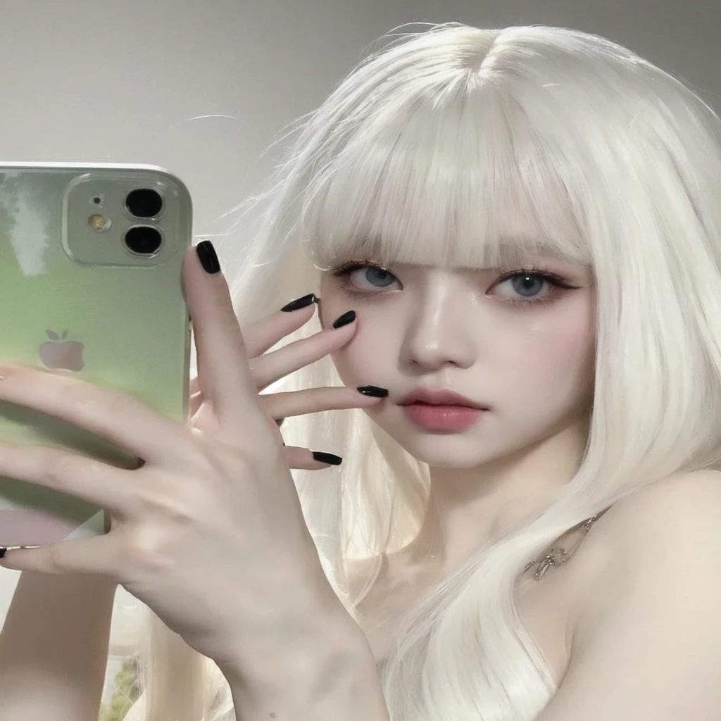 blond woman with long white hair holding up a green phone, pale porcelain white skin, ulzzang, pale milky white porcelain skin, long white hair and bangs, with white long hair, porcelain white skin, white hime cut hairstyle, pale snow white skin, white bangs, pale goth beauty, perfect white haired girl, with long white hair, girl with white hair, blackpink lisa, lalisa manobal