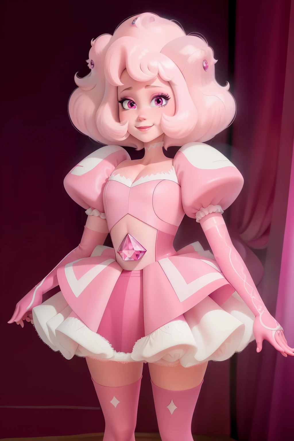pnkdamond, pink hair, pink eyes, big hair, stomach gem, pink skin, toned,
puffy short sleeves, elbow gloves , white thighhighs, puffy dress,
standing, upper body,
outerspace,
(insanely detailed, beautiful detailed face,beautiful detailed eyes, masterpiece, best quality) cinematic lighting, smile,
