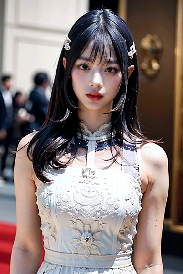 best quality,masterpiece,extremely detailed,high res,4k,ultra high res,detailed shadow,ultra realistic,realistic,dramatic lighting,1girl,solo,detailed face,realistic eyes,realistic skin,white dress,purple hair,dynamic pose, white lace dress