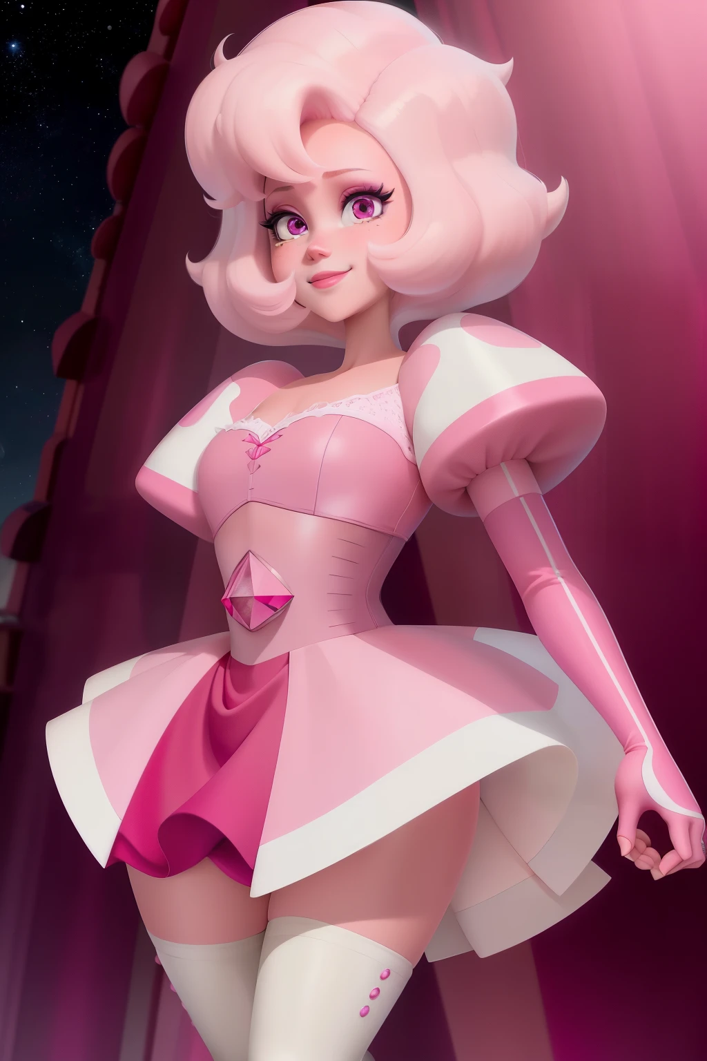 pnkdamond, pink hair, pink eyes, big hair, stomach gem, pink skin, toned,
puffy short sleeves, elbow gloves , white thighhighs, puffy dress,
standing, upper body,
outerspace,
(insanely detailed, beautiful detailed face,beautiful detailed eyes, masterpiece, best quality) cinematic lighting, smile,