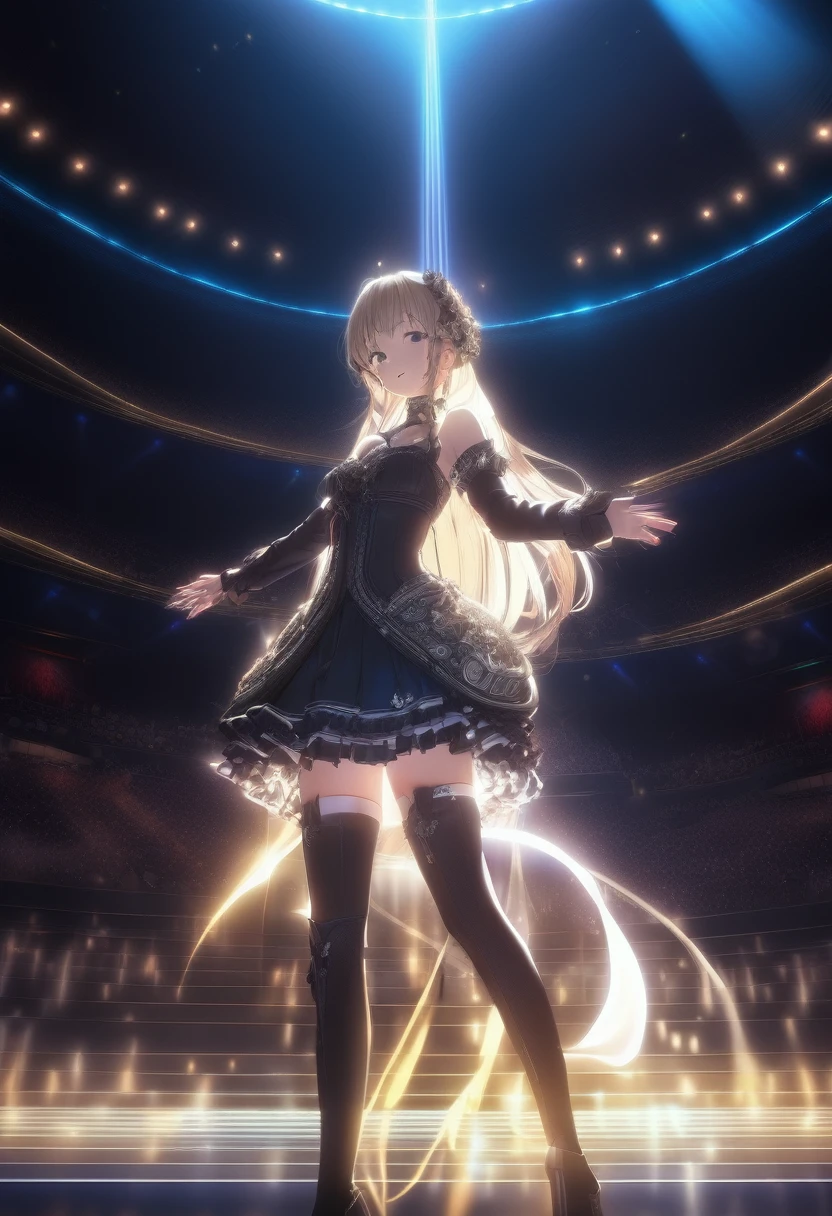 Idol Stage, idol dress, aesthetic, extremely detailed, masterpiece, best quality, Tyndall effect, light beams, stage lights, 1girl, solo, long hair, thighhighs, on stage, looking up, light scattering, volumetric lighting, spotlights, rays, atmosphere, octane render, 8k