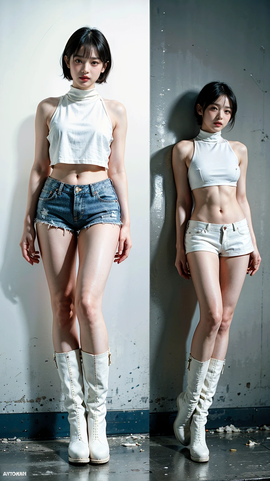 masterpiece,highest quality,High resolution,Full Body View,White jacket,Red innerwear,Belly button,Belted denim mini shorts,The heroine in white cowboy boots,Perfect Legs,Perfect Skin,Perfect Arms,Abdominal muscles,The background is an abandoned factory, short hair, naked portrait, nude photography, shiny nipple, show armpit