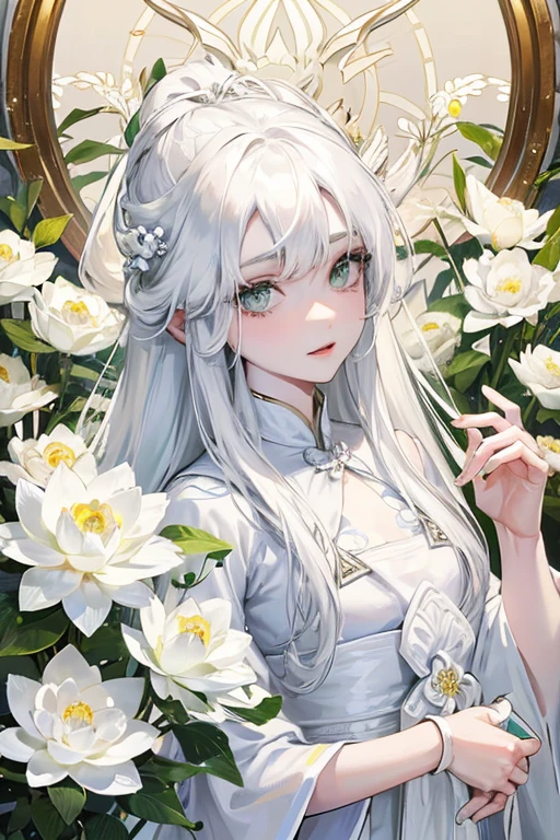light green eyes Wearing a white traditional Thai dress, long hair, white skin, beautiful face, white hair, holding a white lotus flower.