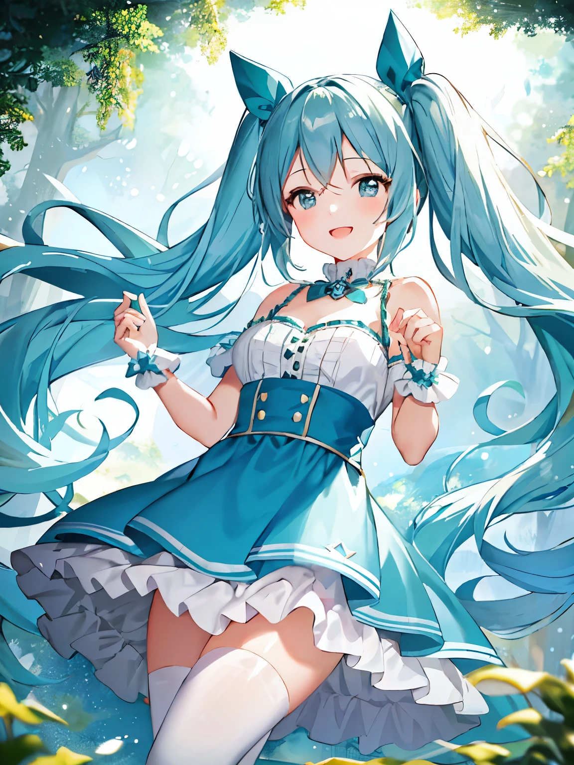 miku Haasune, Artwork, Highest quality, 1 girl, blush, Watery eye, Mouth closed, Earrings, Haa, hoop Earrings, jewelry, Staring at the audience, shirt, Simple Background, Independent, trunk, yellow shirt, Blue Skirt