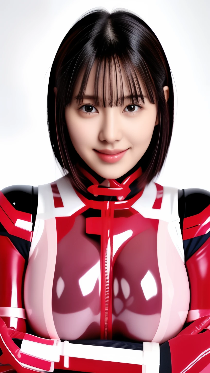 A 25 year old woman wearing a sexy dark pink and white glossy skin-tight hero suit:1.5, highest quality, High resolution, 8k, One girl, Huge breasts :1.5, (bangs,Black Hair,Shortcuts), Shiny skin, View your viewers, smile, whole body:1.5