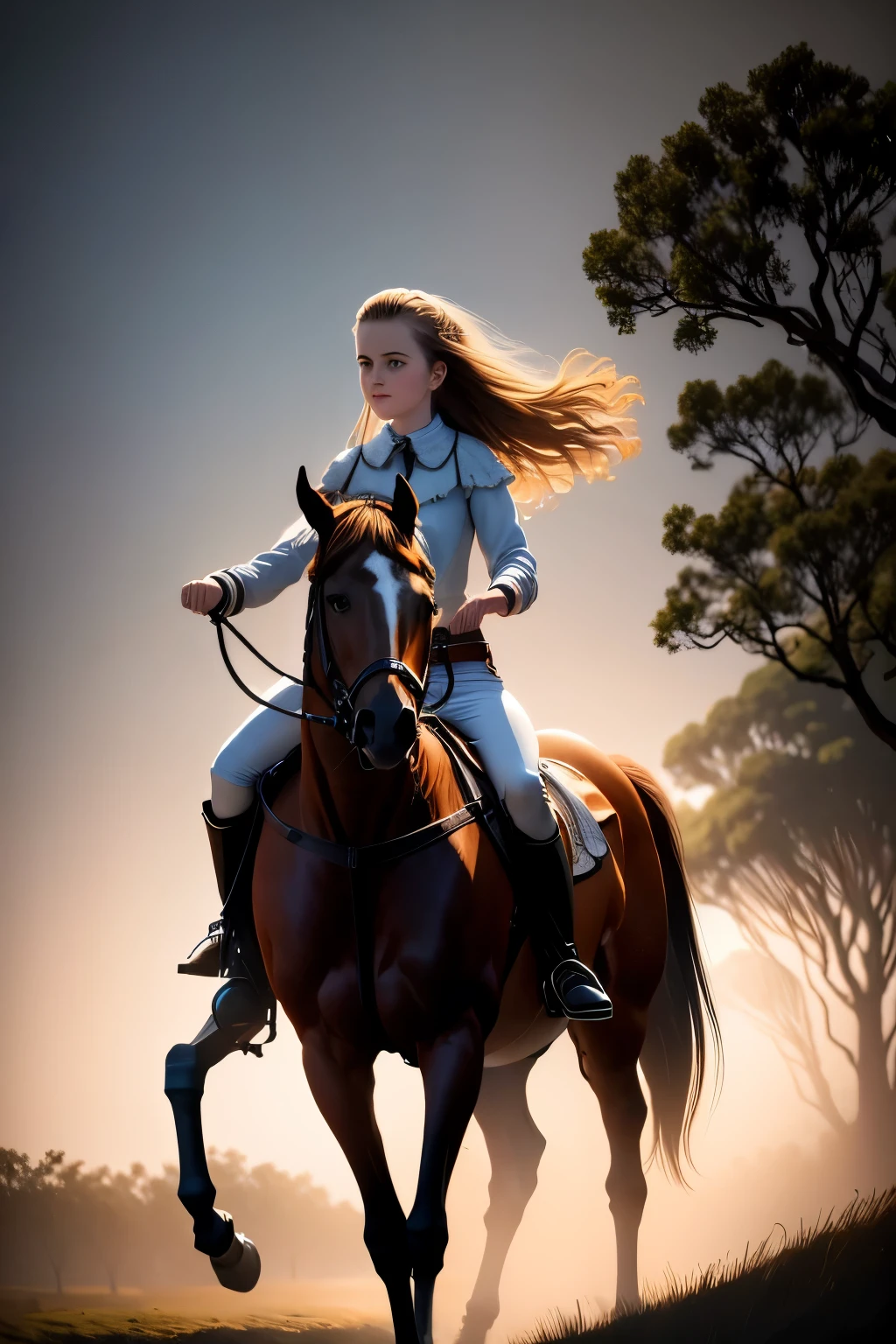 girl rides horse (best quality,highres:1.2),ultra-detailed,realistic,moonlight,lit ,dense mist,dreadfully beautiful,twisted trees,