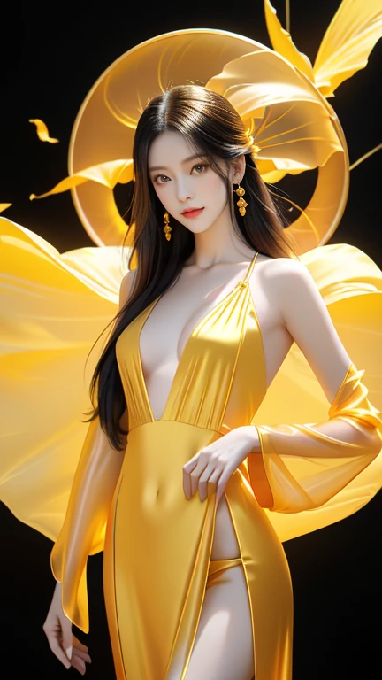 8K Ultra HD、Digital SLR Camera、soft light、high quality、Volumetric Lighting、frank、photo、high resolution、4K、8k、Bokeh,The eyes and face are very detailed,Clear eyes,Bright Eyes, Delicate lips, Smile shyly, Pretty Face,Small round face, Create stunning girl images, warm color, Very high color saturation,The legs look very long from the front,dynamic poses,Normal standing posture,black background,Chinese fairy tale women,Golden Ratio, Minimalism,Transparent and visible skin, amaranth red clothing,Transparent silk long sleeves,Transparent Hanfu,amber hair、Gradient Hairstyle,Cleavage、Exposed breasts、sexy、very detailed breasts, d cup size