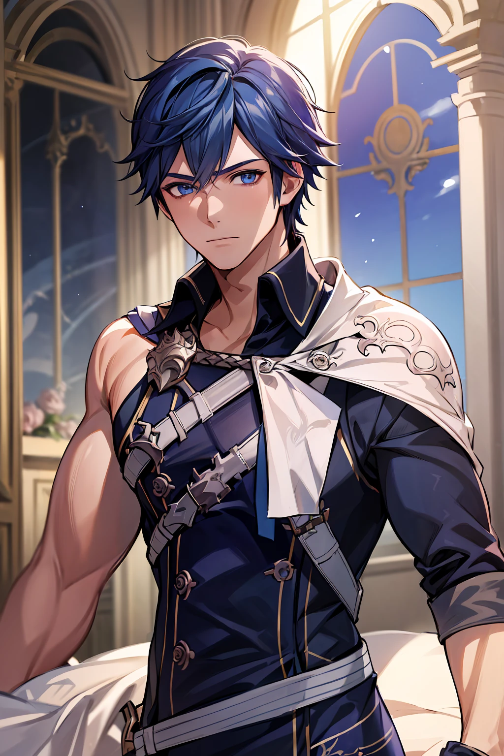 (absurdres, highres, ultra detailed, HDR), masterpiece, best quality, Chrom, 1man, solo, handsome, dark blue hair, vibrant blue eyes, finely eye and detailed face, fire emblem awakening, window, red curtains, pink roses